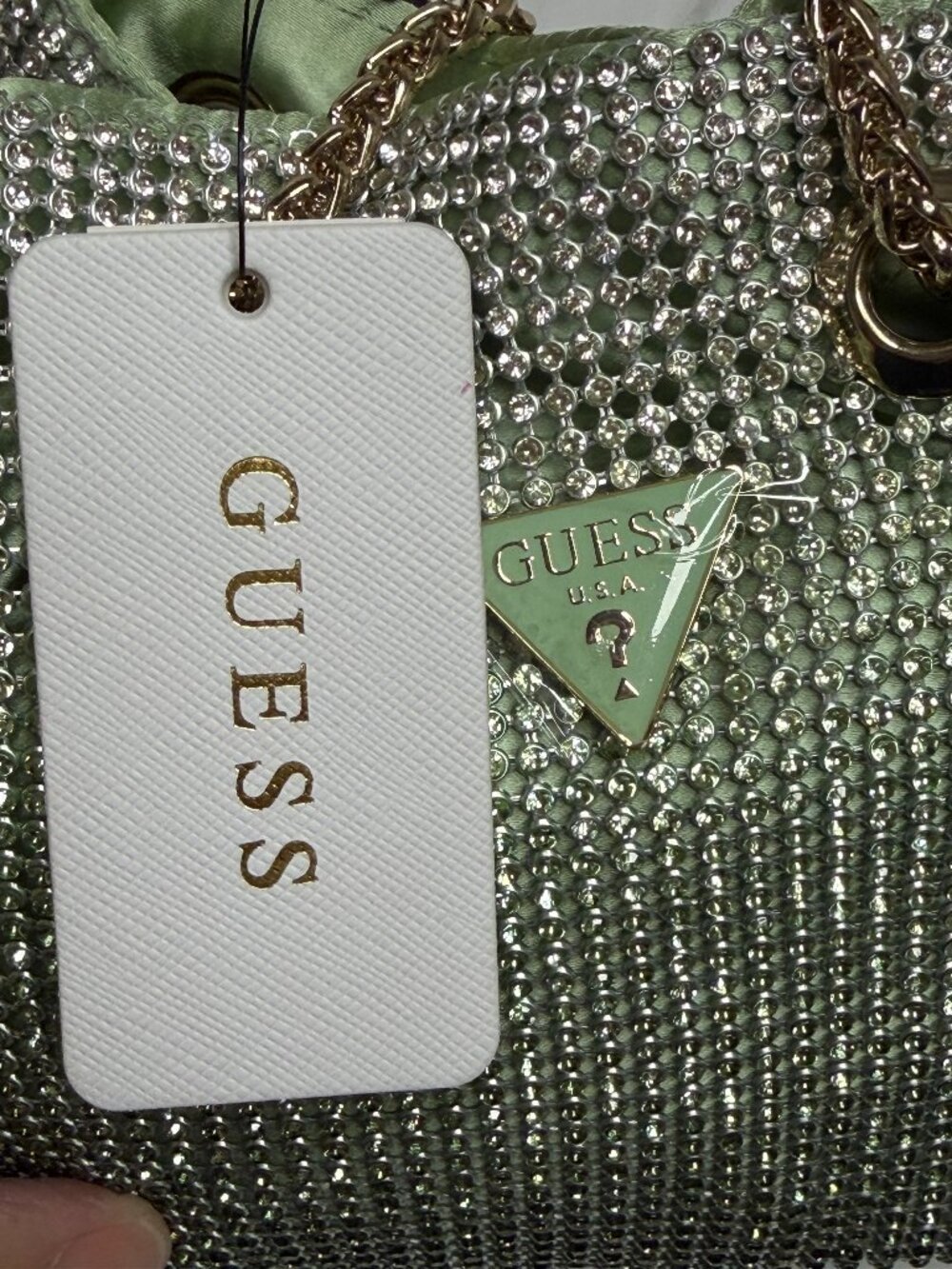 Guess Zalina Mini Purse Handbag Mesh Rhinestone Celadon Blue Green Gold NWT - Picture 8 of 12